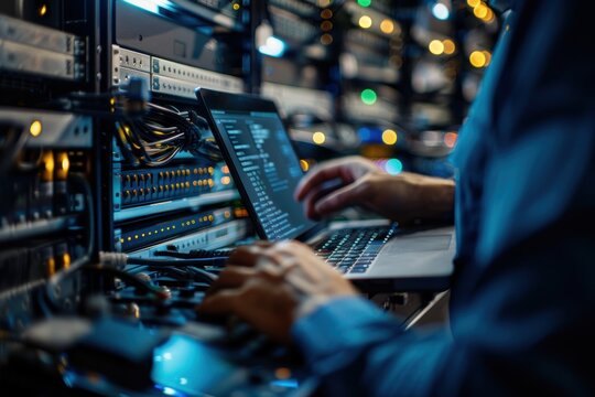 Technician performing maintenance in a server room, focusing on cybersecurity and network setup while programming and coding to establish workplace connectivity