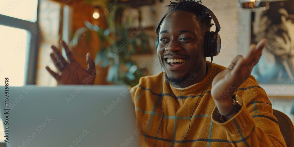 Poster man in headphones participating in a video call for remote work, appearing happy while engaged in an
