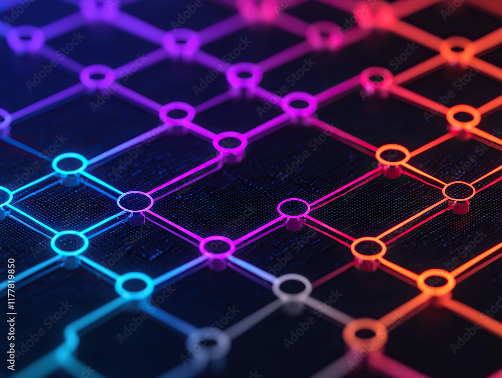 Poster glowing network grid with interconnected nodes and lines in vibrant neon colors, symbolizing digital