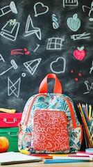 Colorful Backpack with School Supplies in Front of a Chalkboard