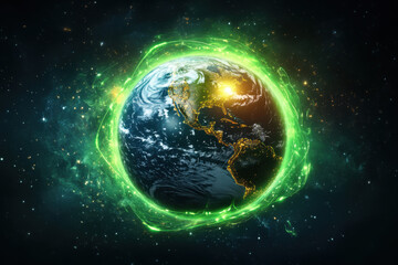 Fototapeta premium Earth surrounded by green energy light