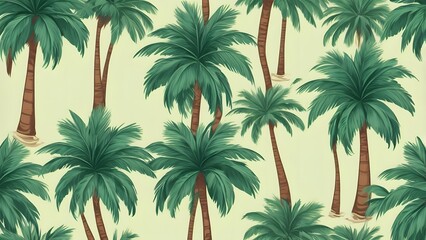 A seamless pattern featuring lush, tropical palm leaves in various shades of green against a soft white background. For wallpaper and background desaign
