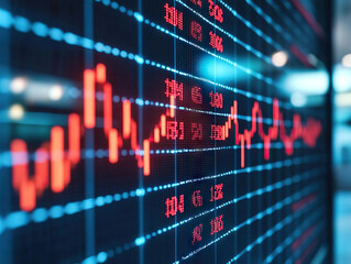 Fototapeta premium Stock market data displayed on LED screen with red and blue financial charts
