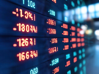 Obraz premium Stock market data displayed on LED screen with financial figures and analysis