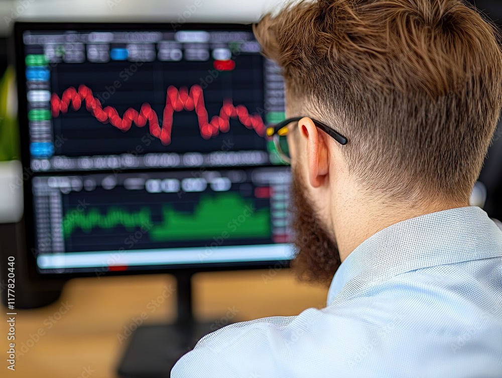 Poster stock trader analyzing financial charts on computer screen in modern office
