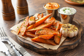 Tasty cooked sweet potatoes served with sauces on wooden table, closeup