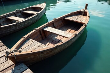 Old wooden boat on dock with weathered wooden planks and ropes, outdoor, old boat