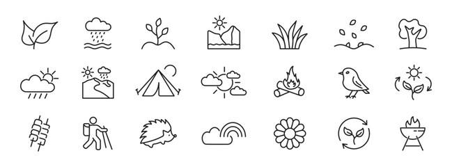 Spring icons set. Nature, spring season, outdoor, leaf, flower, grass, rain, tree. Vector