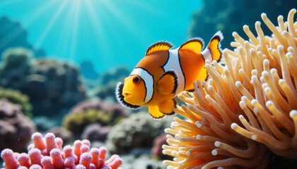 Vibrant clownfish swimming near sea anemone, underwater beauty