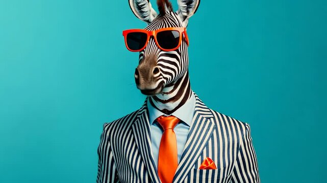 Zebra businessman wearing sunglasses and striped suit on turquoise background
