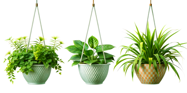 Set of hanging ivy plants on pot on transparent background for home, office, premises decor