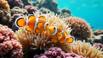 Playful clownfish interacting among colorful anemones, marine ecology
