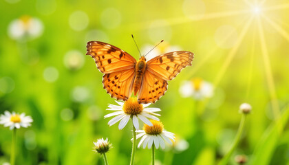 Vibrant monarch butterfly resting on daisies in spring meadow, nature's beauty