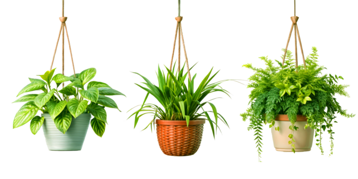 Set of hanging ivy plants on pot on transparent background for home, office, premises decor