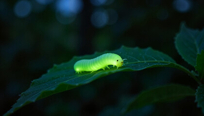 Bioluminescent caterpillar resting on leaf in twilight forest, nature's enchantment