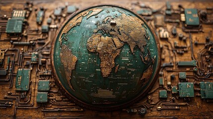 Globe showing world map on circuit board background representing global technology