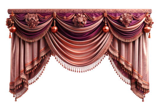 Realistic velvet curtains stage on a transparent Background, suitable for window or theater stage decoration. Luxury silk or velvet drapery mockup for interior design.