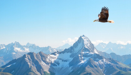 Bald eagle soaring above stunning mountain range, symbol of freedom