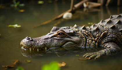 Crocodile lurking in murky water, predatory instinct