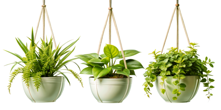 Set of hanging ivy plants on pot on transparent background for home, office, premises decor