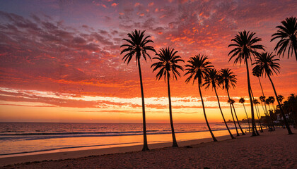 Coucher de soleil sur la plage avec palmiers