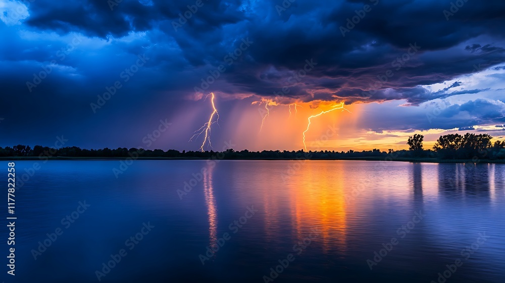 Poster dynamic clouds above still lake with clear area for text