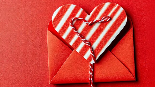 Heart-shaped card and red envelope decorated with string on a vibrant red background ideal for love notes or Valentine's Day