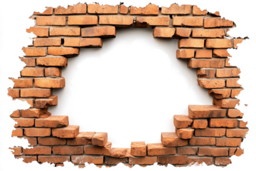 hole in an old red brick wall, isolated on a transparent background with a clipping path, 