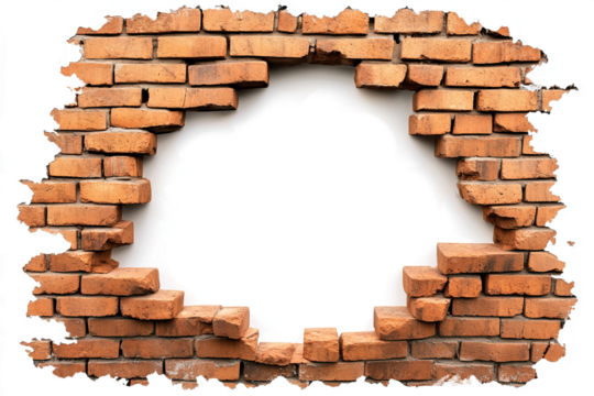 hole in an old red brick wall, isolated on a transparent background with a clipping path, 