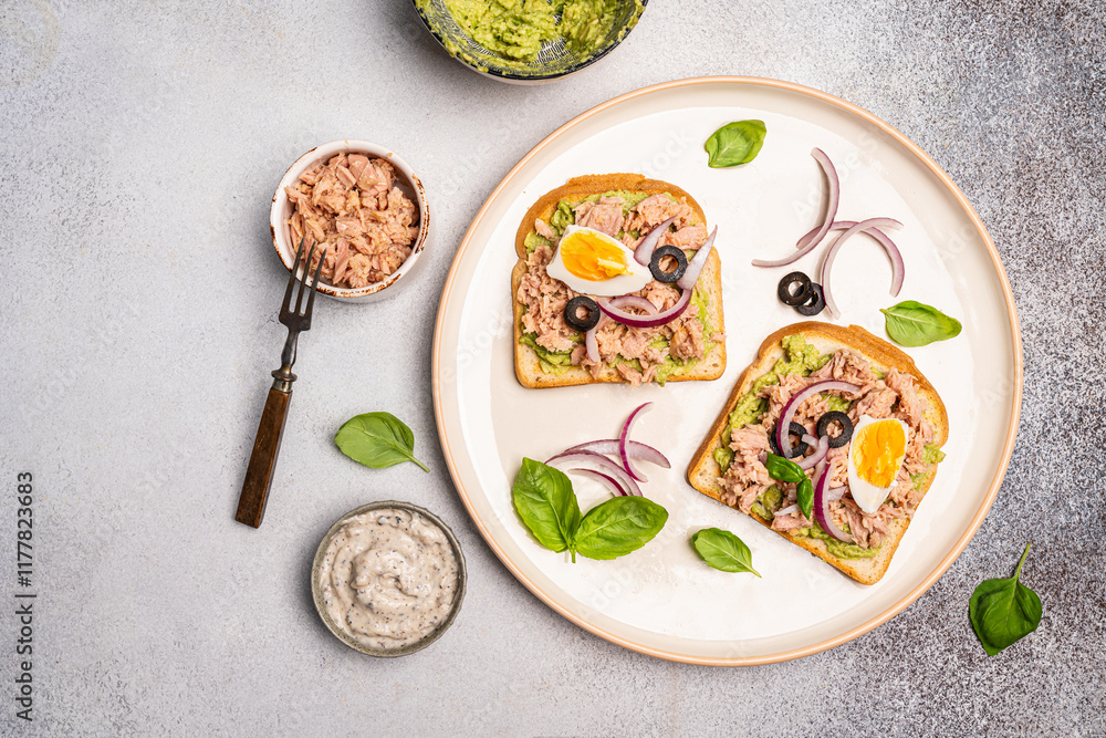 Wall mural Open sandwiches with canned tuna