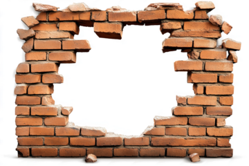 hole in an old red brick wall, isolated on a transparent background with a clipping path, 
