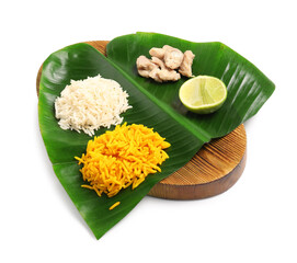 Cut banana leaf with different food isolated on white. Healthy eco serving