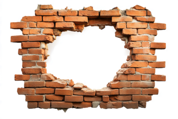 hole in an old red brick wall, isolated on a transparent background with a clipping path, 