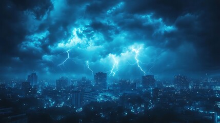 Obraz premium A vibrant, dynamic thunderstorm over a city skyline with a clear area for text