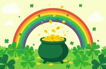 st. patrick’s day illustration mockup with pot of gold, rainbow and shamrocks, greeting card . Generated AI