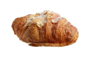 Delicious fresh croissant with almond flakes isolated on white