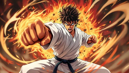 Dynamic Martial Artist in White Gi Performing Powerful Punch with Explosive Fire Effect