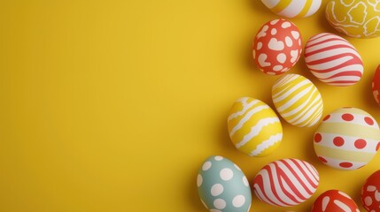 Colorful Easter eggs arranged on a bright yellow background for festive celebrations and spring activities