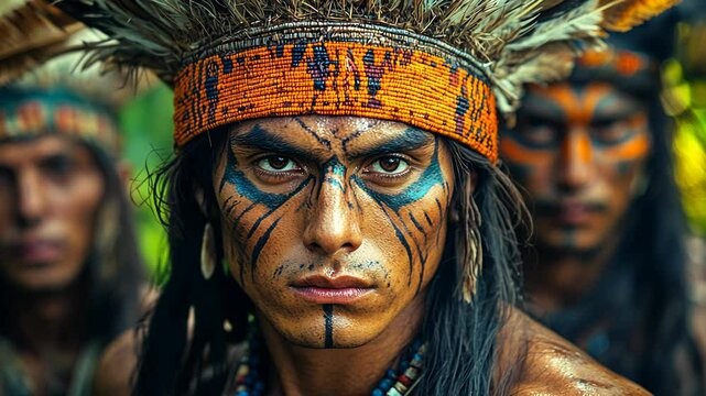 Indigenous Warrior Portrait with Tribal Paint in the Amazon Rainforest