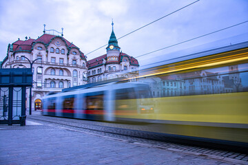 Obraz premium Oradea Transylvania with tram station in Union Square cityscape in Romania