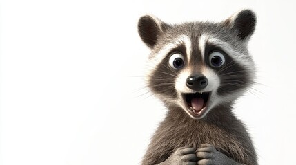 Obraz premium Surprised raccoon with an excited expression on his face, great surprise. isolated on white. place for text.