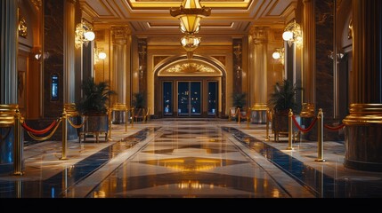 Fototapeta premium Luxurious Hotel Lobby with Elegant Lighting and Marble Flooring, Showcasing Refined Design Elements and Warm Ambiance for Upscale Hospitality Experience
