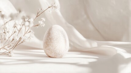Elegant white decorative egg with floral design surrounded by soft fabric and delicate flowers in a serene indoor setting