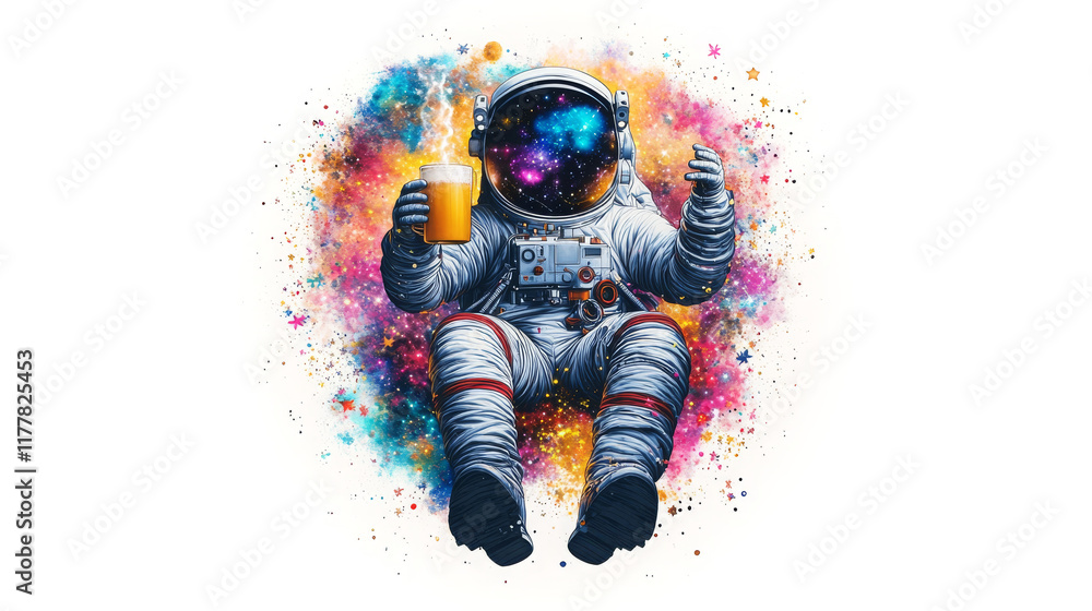 Poster astronaut enjoys a mug of cider while floating in a colorful cosmic background