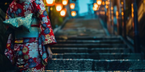 Obraz premium Woman in traditional attire on stairs at night, celebrating heritage with cultural significance. A young individual embracing traditional clothing with pride in a serene atmosphere