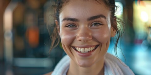 Smiling woman with towel after a vigorous workout, ready for exercise or a healthy lifestyle indoors