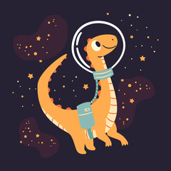 Fototapeta premium Cute kind dinosaur flying in a spacesuit in space, flat vector illustration in simple child style, dark background . Vector illustration