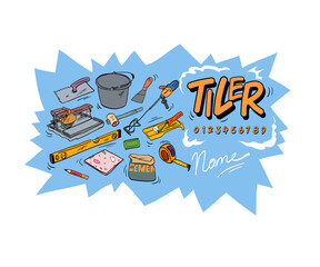 Tiler and tile laying service announcement. Creative advertisement template, vector illustration.