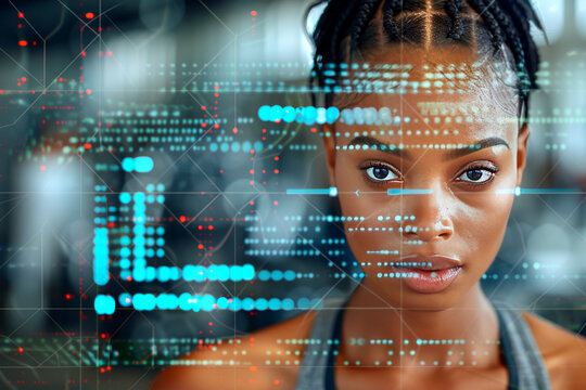 A dedicated athlete is captured in a moment of concentration during training. Digital data overlays enhance the scene, displaying various performance metrics related to fitness and health.