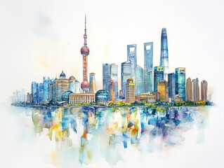 A soft watercolor representation of Shanghai's skyline with elegant pastels.